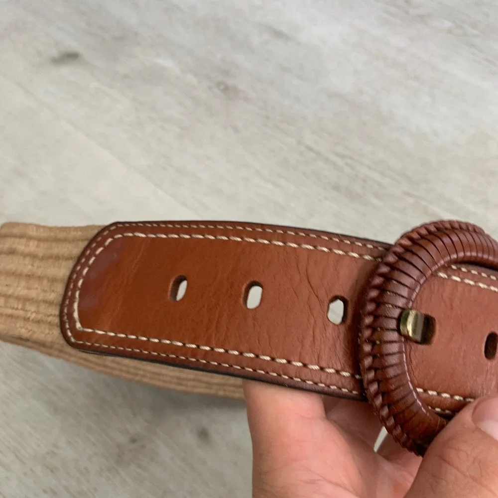 Fossil Womens Woven Stretch Belt Brown Leather Buckle Tan Straw BT3476200 Small